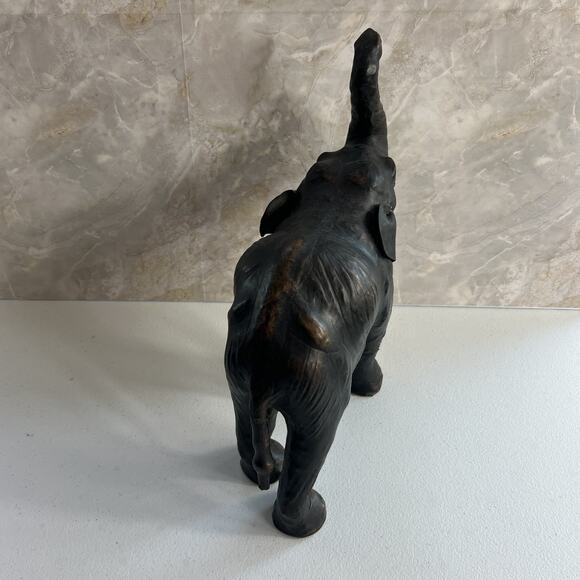 Black Leather Covered Paper Mache Elephant Sculpture Vintage Made In India - Picture 4 of 10